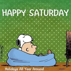 a cartoon character laying in bed with the caption happy saturday holidays all year around