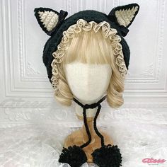 Qteee - Charming Feline-Inspired Lace Lolita Hat for Cozy Comfort Casual Brimmed Fitted Bonnet, Casual Fitted Brimmed Bonnet, Whimsical Black Winter Hat, Fitted Warm Green Hat, Casual Knitted Cat Ears Hats, Cute Knitted Cat Ears Hat, Cute Cotton Bonnet For Winter, Cute Knitted Fitted Hat, Cute Cat Ears Hat