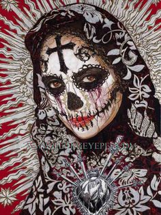 a painting of a woman with makeup on her face and skull decorations around her neck