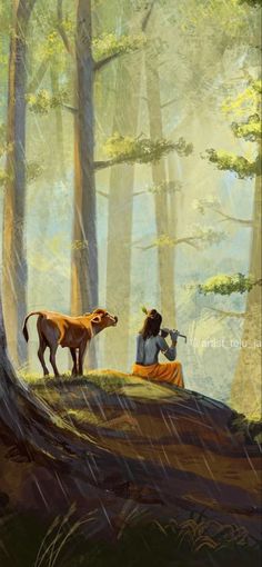 a painting of two people in the woods