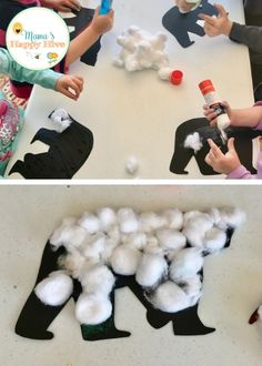 two pictures of children making crafts with cotton balls