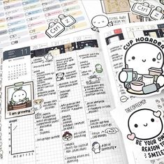 an open planner with stickers on it and some other things in the pages next to it