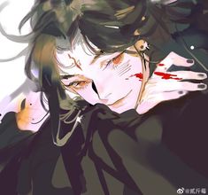 an anime character with long hair and blood on his face