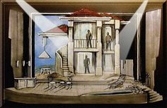 a drawing of a stage set with people standing on the steps and an open door