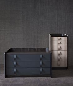 two drawers and a dresser are shown side by side in an empty room with grey walls