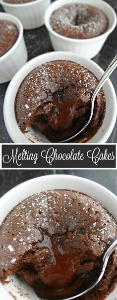 chocolate cake in white bowls with spoons