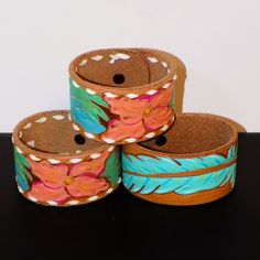 Each Chunky Thick Leather Wrist Bands Is Signed, Hand-Tooled & Hand-Painted With $49.99 Tags. Leather Is 4mm Thick & 1-1/2" Wide. Snaps Meet At 7-3/4". The Two Bracelets With The Floral Motif Have Hand-Stitching Along The Edges. Adjustable Western Leather Bracelet, Blue Leather Festival Bracelets, Blue Leather Bracelets For Festival, Multicolor Leather Bracelets, Adjustable Leather Wristlet, Leather Wrist Cuff, Band Bracelets, Leather Wristbands, Wrist Band