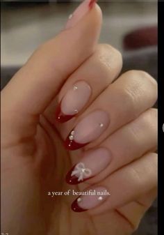 Nail Design With Cherries, Simple Design French Nails, Cute Simple Christmas Nails Almond, Fall Nails Coquette, Red And Black Nails For Quinceanera, Nails Acrylic Bow, Coquette Fall Nails, Simple Charm Nails, Almond Winter Nails Designs