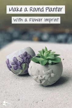 two cement pots with flowers in them sitting on top of a concrete slab text reads make a round planter with a flower imprint