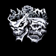 two skulls with roses on their heads are shown in black and white, against a dark background