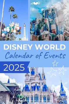 the disneyland world calendar is shown in blue and white with images of castle, palm trees, and other decorations