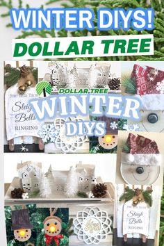 a collage of winter diy's, dollar tree and other holiday crafts