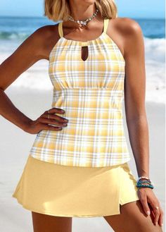 Color:Light Yellow;Size:S;Size:M;Size:L;Size:XL;Size:XXL;Package Contents:1 X Top , 1 X Pantskirt;Occasion:Sport; Yellow Tankini, Swimsuit With Shorts, Trendy Swimsuits, Halter Tankini, Blue Jumpsuits, Pink Swimsuit, Yellow Plaid, Tankini Set, Summer Swim Suits