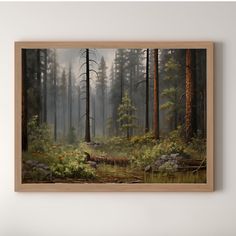 a painting hanging on the wall above a bed in a room with white walls and wood trimmings