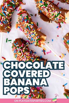 chocolate covered banana pops with sprinkles on a white background and text overlay