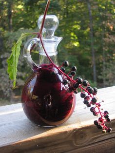 a glass bottle filled with liquid sitting on top of a wooden table next to trees