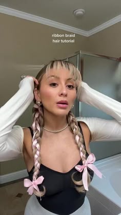 The cutest way to spice up your braids 🤍 #braidhairstyles #braidhair... | Ribbon Hairstyles | TikTok Sabrina Carpenter Half Up Half Down, Sabrina Carpenter Hair Half Up Half Down, Y2k Hair Pigtails, Y2k Updo Hairstyles With Bangs, Sabrina Carpenter Hair In Ponytail, Hair Braid Ribbon, Festival Hair Braids, Rave Hairstyles, Ribbon Braids