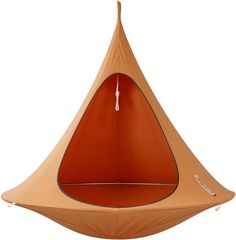 an orange hanging chair on a white background with the bottom half open to show it's interior