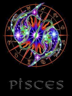 the zodiac sign pisces on a black background with stars and horosh