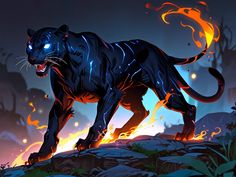 a black panther with glowing eyes running across a field in front of fire and bushes