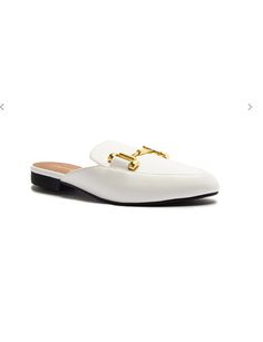 White Flat Mule Gold Tone Hardware Accent Faux Leather Heel Measures Approx: 0.5"H Mules For Men, Gold Mules, Instagram Review, Crystal Heels, White Flat, Flat Mules, Faux Leather Heels, Elegant Outfits, White Slip