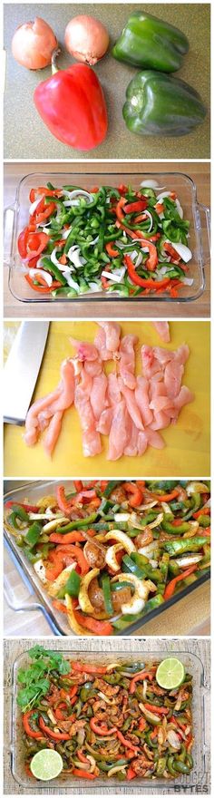 four pictures showing different stages of cooking vegetables and meats in the process of being cooked