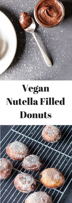 vegan nutella filled donuts on a grill with powdered sugar and spoon