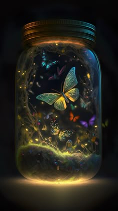 a jar filled with lots of butterflies on top of a table