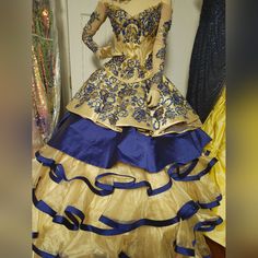 This Dress Is In Great Condition, Like New. Originally $1575, It's Now $1300. Charra Quinceanera Dresses, Charro Dress, Quincenera Dresses, Prom Dress Ball Gown, Dress Quinceanera, Dresses Gold, Dress Ball Gown, Quince Dress, Royal Blue Dress