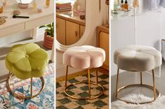 four different stools in various rooms with mirrors on the wall, and one has a mirror