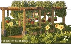 an image of a garden with flowers and plants growing on the side of it, including sunflowers