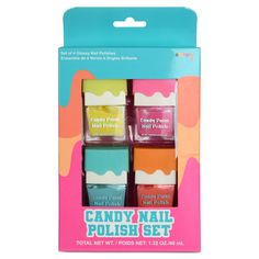 4 Nail Polishes  .33 oz. each Packaged in a peggable box 5" w x 7 1/4" h x 1 /4' d Eco Friendly Nail Polish, Nail Polish Box, Holiday Ice Cream, Tablet Pillow, Christmas Donuts, School Cake, Bear Halloween, Nail Polish Set, Sour Patch Kids