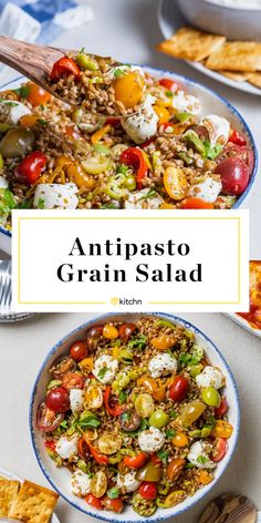 an image of a plate of food with the words antipasto grain salad