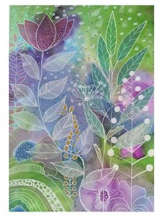 watercolor painting with flowers and leaves on green, purple and blue background by person