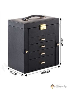 the large black box has five drawers and is size guide for each drawer, including two handles