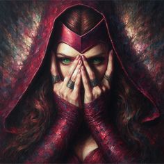 a painting of a woman covering her face with her hands and wearing a red cape