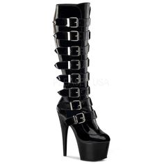 PLEASER ADORE-2043 Black Pat Knee High Boots Knee High Stiletto Boots, Black Patent Boots, Black Buckle Boots, Black Patent Leather Boots, Knee High Platform Boots, Dance Boots, High Heel Stiefel, Black High Heel Boots, Pleaser Shoes