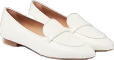 Elegant Beige Leather Shoes With Stitched Sole, Classic Pointed Toe Calf Leather Slip-ons, Elegant White Calf Leather Shoes, Formal Cream Slip-on Flats, Chic White Slip-ons For Office, Beige Calf Leather Loafers With Leather Sole, Elegant Cream Slip-ons, Modern White Flats With Leather Sole, Elegant Slip-on Loafers With Stitched Sole