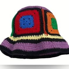 Brand New Casual Multicolor Handmade Mini Hats, Retro Crochet Bucket Hat For Vacation, Retro Crochet Hat For Spring, One Size, Retro One-size Crochet Hat For Spring, Trendy Multicolor Crochet Hat For Festival, Retro One Size Crochet Hat For Spring, Multicolor Crochet Mini Hat For Beach, Retro Multicolor Crochet Hat, Retro Crochet Hat In Yarn, One Size