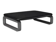 a black coffee table with metal legs and an open shelf on the bottom, against a white background