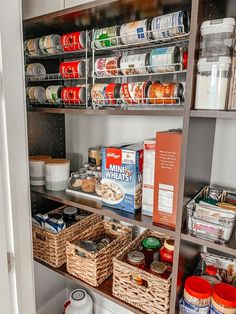 an organized pantry with canned food and other items