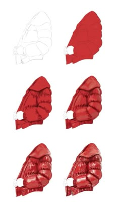 four different types of red clothing are shown in this drawing technique, including the hoods and