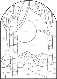 a stained glass window with trees and the sun in it, as well as numbers