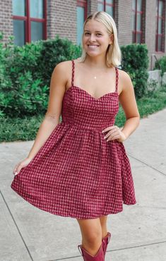 Get ready to turn heads on game day with The Tweed Garnet + Gold Dress! This easy babydoll fit dress is the perfect choice for dressing up while still showing off your team spirit. Simply add some boots and your favorite game day pin... and you're ready to go! Details: Woven, Tweed Game Day Dress Self: 100% Polyester Lining: 97% Polyester, 3% Spandex Sweetheart Neckline, Adjustable Straps, Babydoll Fit, Invisible Zipper Center Back Color: Garnet and Gold True to size: Student Slim Fit Madi is we Game Day Dress, Gameday Dress, Garnet And Gold, Fashion Bottoms, Florida State Seminoles, Alabama Crimson, Fit Dress, Trendy Clothes For Women, Florida State