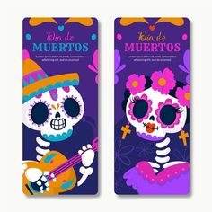 two bookmarks with skeletons playing guitars and flowers on them, one has a mexican day of the dead theme