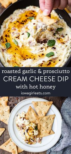 roasted garlic and prosciutto cream cheese dip with hot honey