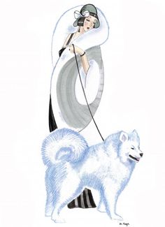 a drawing of a woman with a white dog on a leash and an oval object in the background