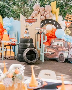 cars themed birthday party with balloons and decorations