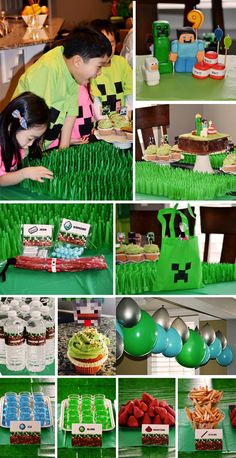 a collage of photos showing people decorating cakes and cupcakes at a birthday party