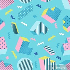 an abstract pattern in blue, pink and yellow on a light blue background with geometric shapes